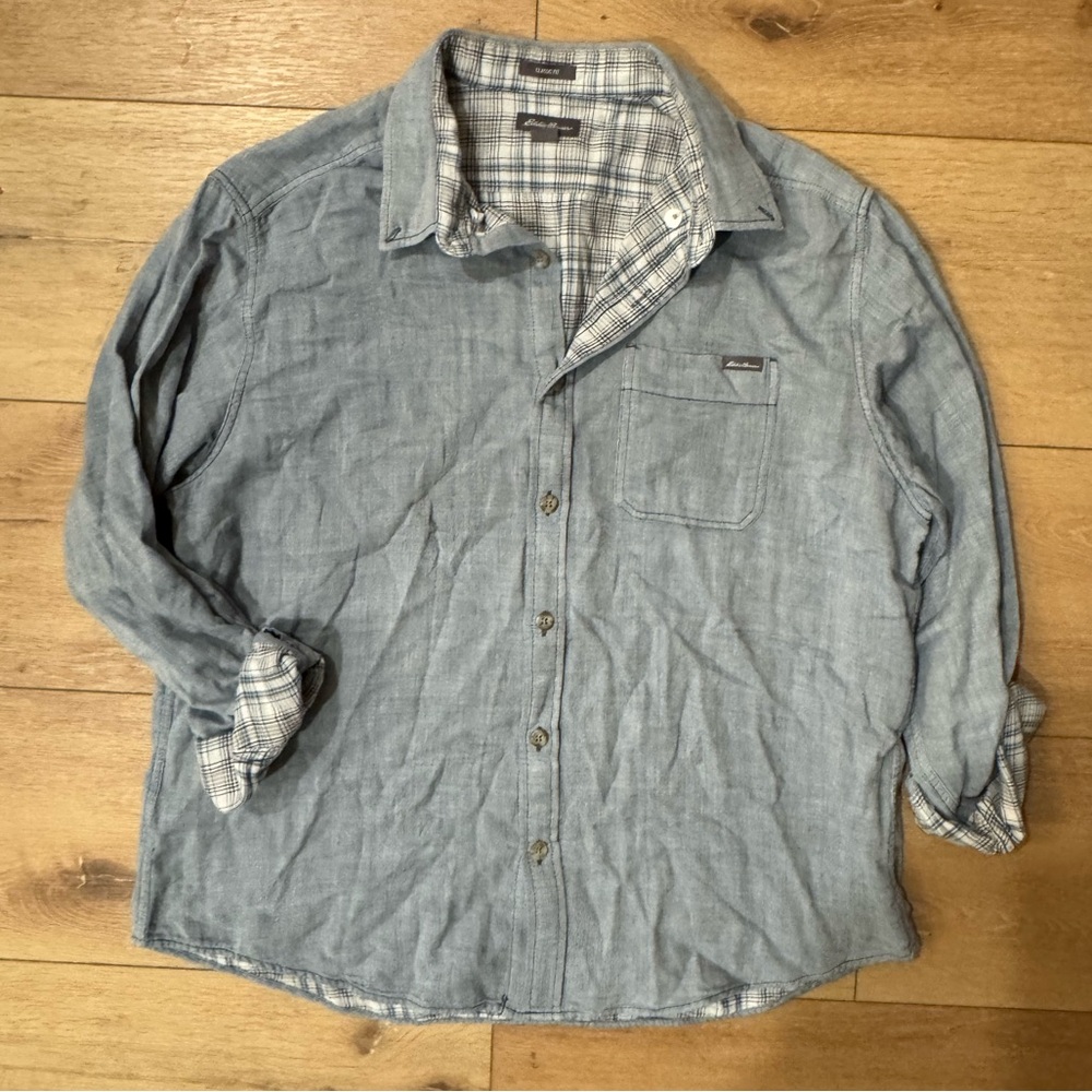 Eddie Bauer Men’s Chambray Blue Button Down Shirt Workwear Gorpcore XL